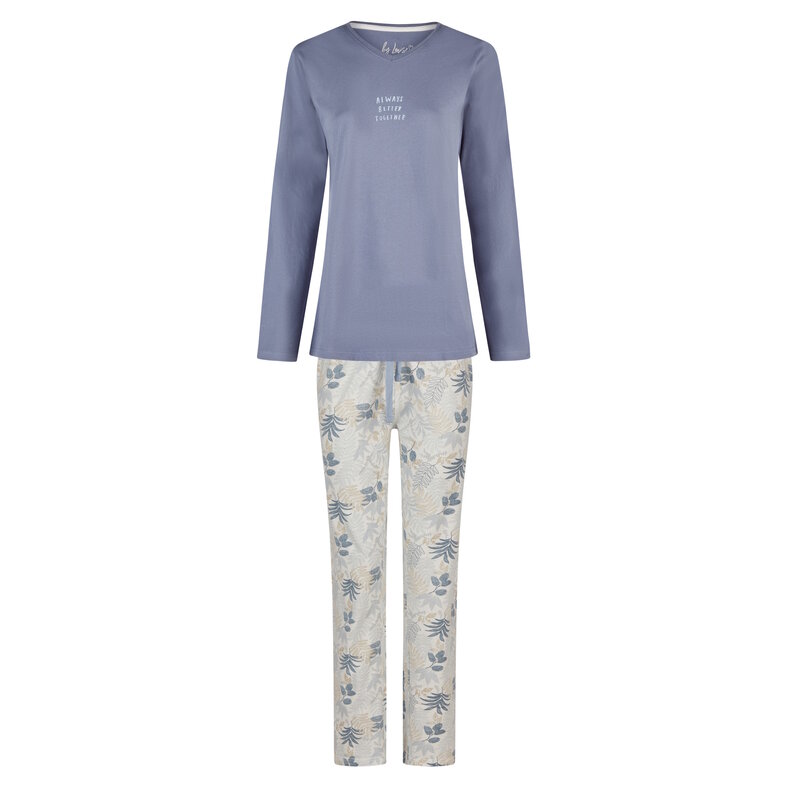 By Louise By Louise Dames Pyjama Set Lang V-Hals Donkerblauw Gebloemd