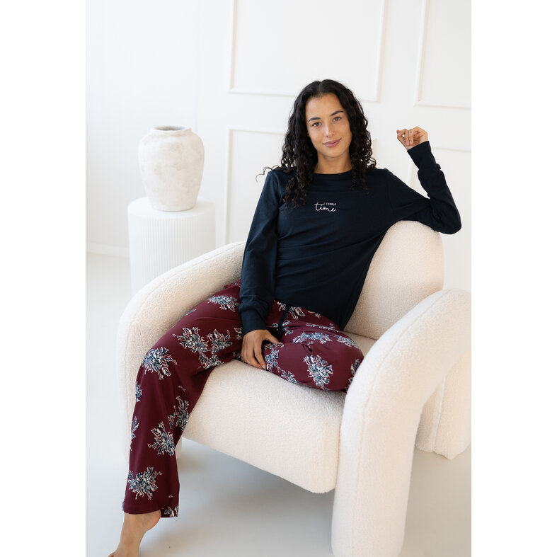 By Louise By Louise Ladies Pajama Set Long Modal/Bamboo Viscose Dark Blue/Bordeaux Red Floral