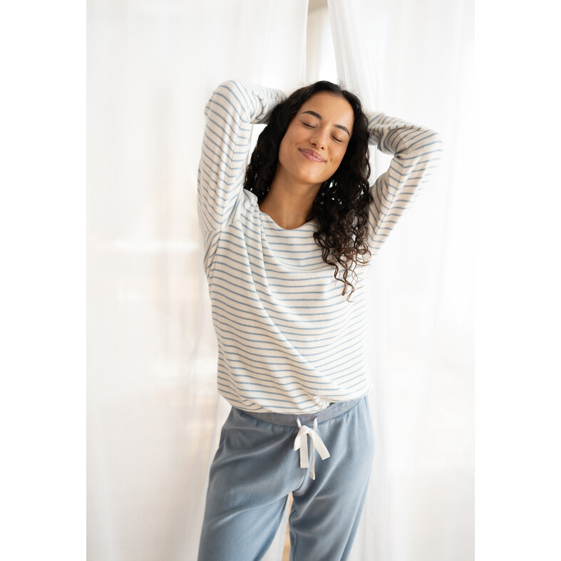 By Louise By Louise Dames Winter Pyjama Set Lang Badstof Wit/Blauw Gestreept