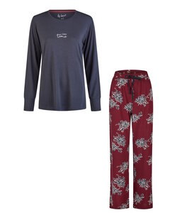 By Louise Dames Pyjama Set Lang Modal/Bamboe Viscose Donkerblauw/Bordeaux Rood Gebloemd