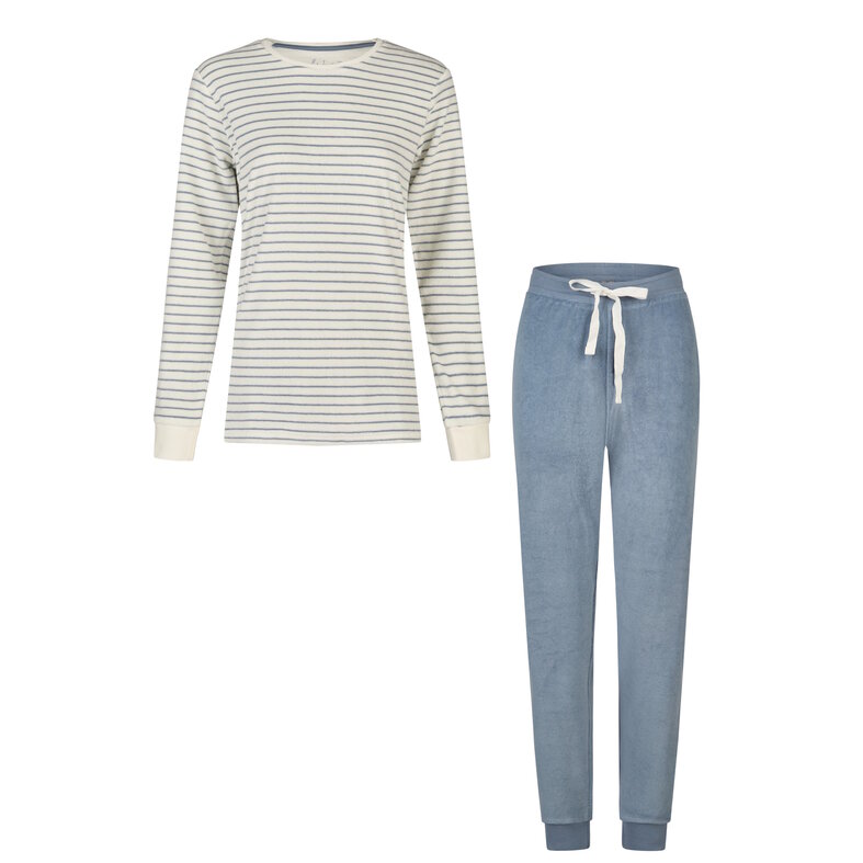 By Louise By Louise Dames Winter Pyjama Set Lang Badstof Wit/Blauw Gestreept