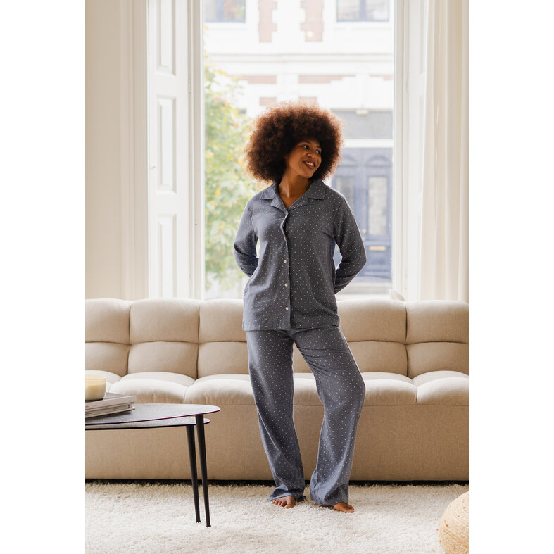 By Louise By Louise Dames Pyjama Set Flanel Lang Met Knoopsluiting Blauw Gestipt
