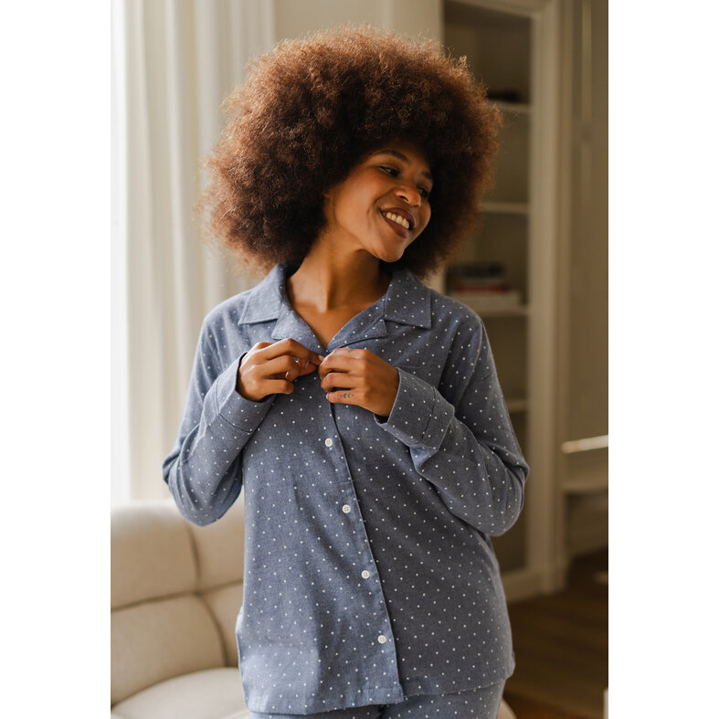 By Louise By Louise Dames Pyjama Set Flanel Lang Met Knoopsluiting Blauw Gestipt