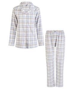 By Louise Dames Pyjama Set Flanel Lang Met Knoopsluiting Blauw/Wit Geruit