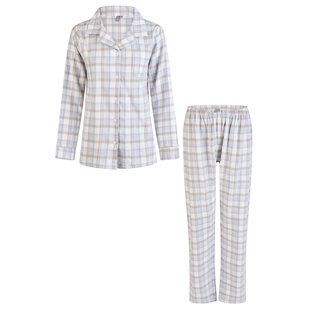 By Louise Ladies Pajama Set Flannel Long With Button Closure Blue/White Checkered