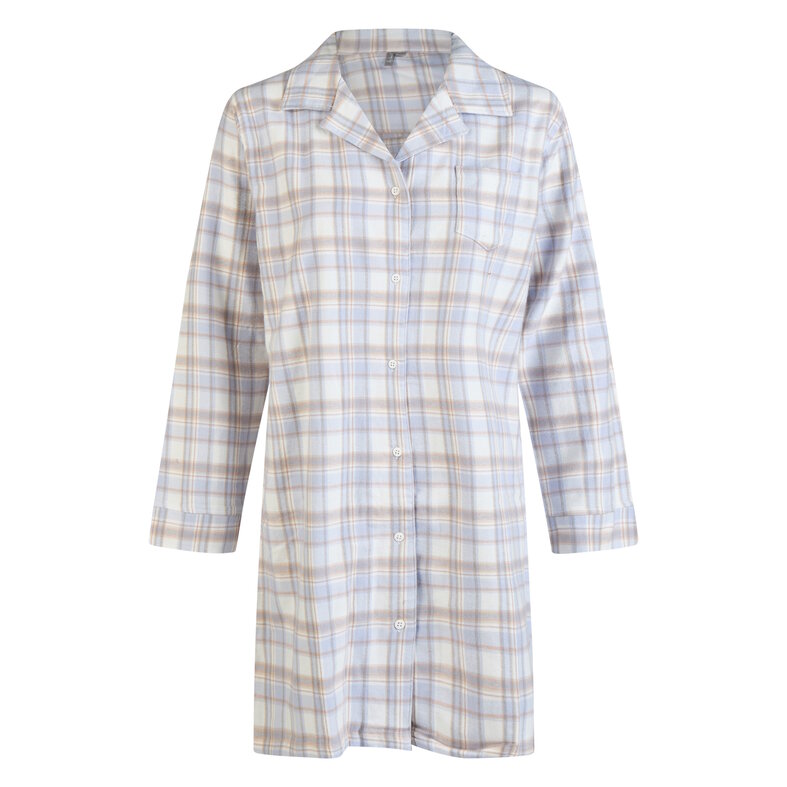 By Louise By Louise Dames Pyjama Nachthemd Flanel Met Knoopjes Blauw/Wit Geruit