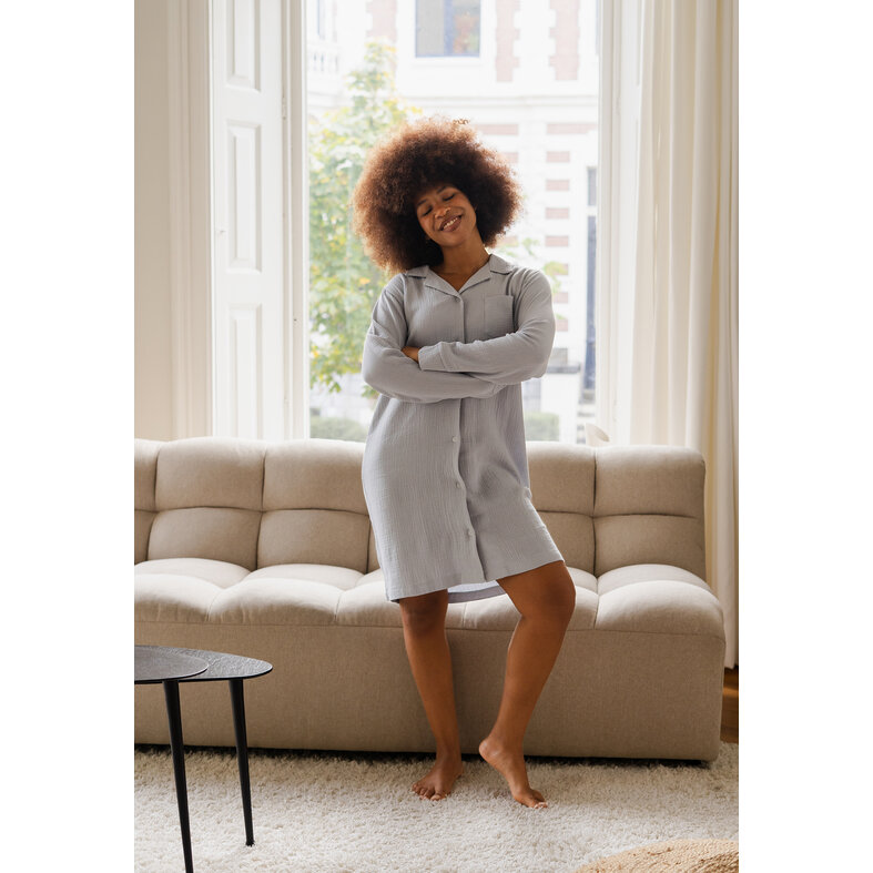 By Louise By Louise Dames Nachthemd Mousseline Met Knoopjes Grijs/Blauw