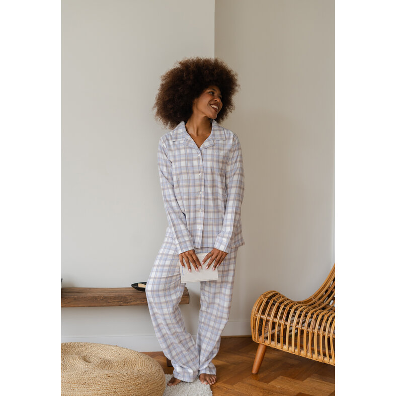 By Louise By Louise Dames Pyjamabroek Flanel Geruit Blauw/Wit