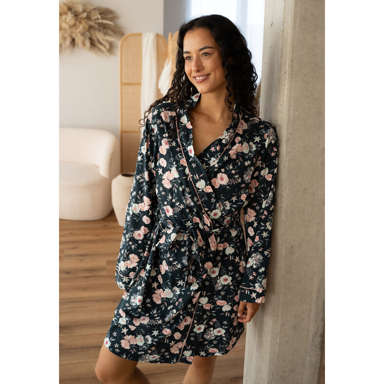 By Louise By Louise Dames Kimono Ochtendjas Donkerblauw Gebloemd