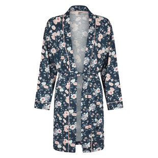 By Louise Dames Kimono Ochtendjas Donkerblauw Gebloemd