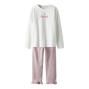 Name It Meisjes Lange Pyjama Set NKFRAGNA Wit/Lila Strikjes Print