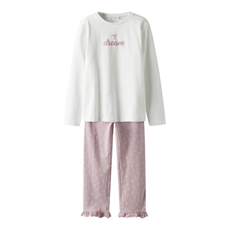 Name It Name It Meisjes Lange Pyjama Set NKFRAGNA Wit/Lila Strikjes Print