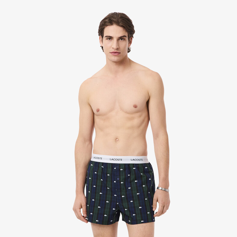 Lacoste Lacoste Heren Wijde Boxershorts Katoen Geruit/Effen 3-Pack Donkergroen/Navy Blauw