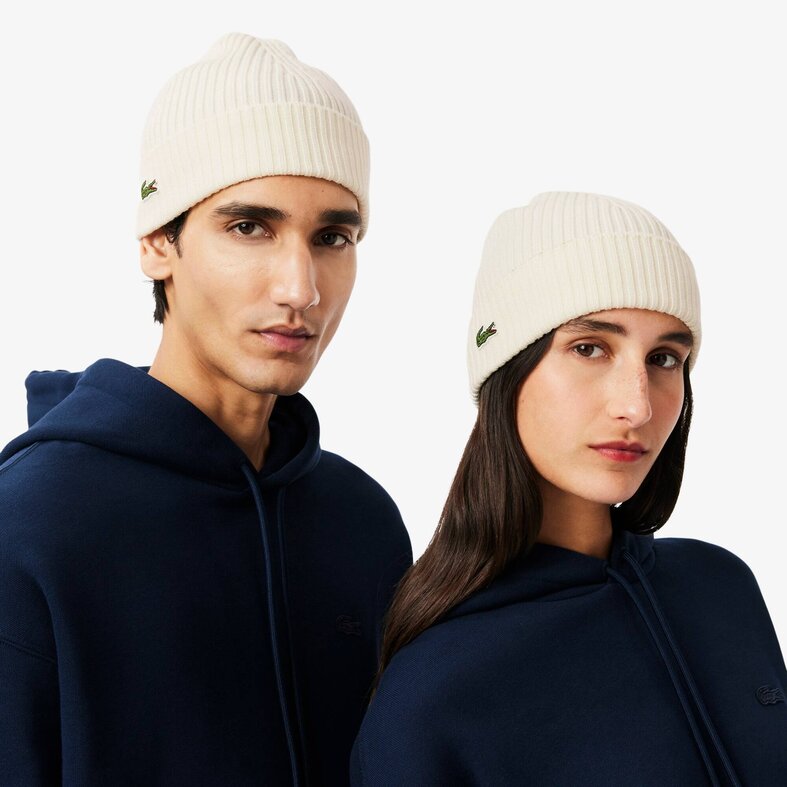 Lacoste Lacoste Beanie Geribbelde Dames Heren Muts Wol Wit