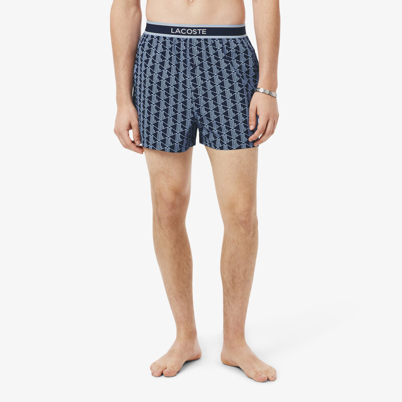 Lacoste Lacoste Heren Wijde Boxershorts Katoen Monogramprint/Effen 3-Pack Navy Blauw/Lichtblauw