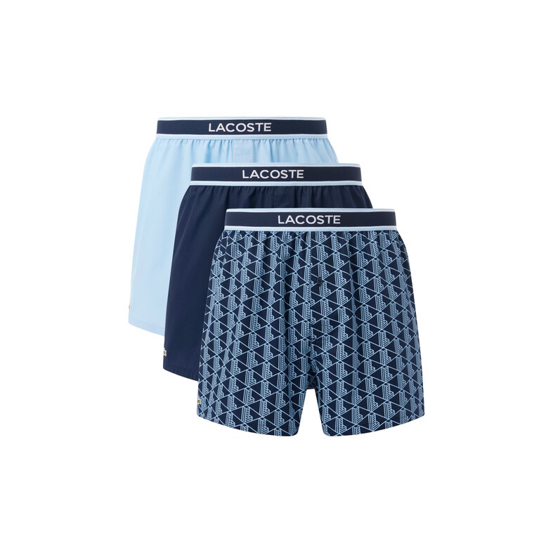 Lacoste Lacoste Heren Wijde Boxershorts Katoen Monogramprint/Effen 3-Pack Navy Blauw/Lichtblauw