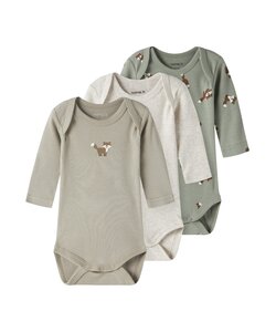 Name It Jongens Kinder Bodysuit NBMBODY 3-Pack Effen Grijs/Beige/Groen Vosprint
