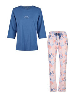 By Louise Ladies Pyjama Set Long Blue/Pink Floral