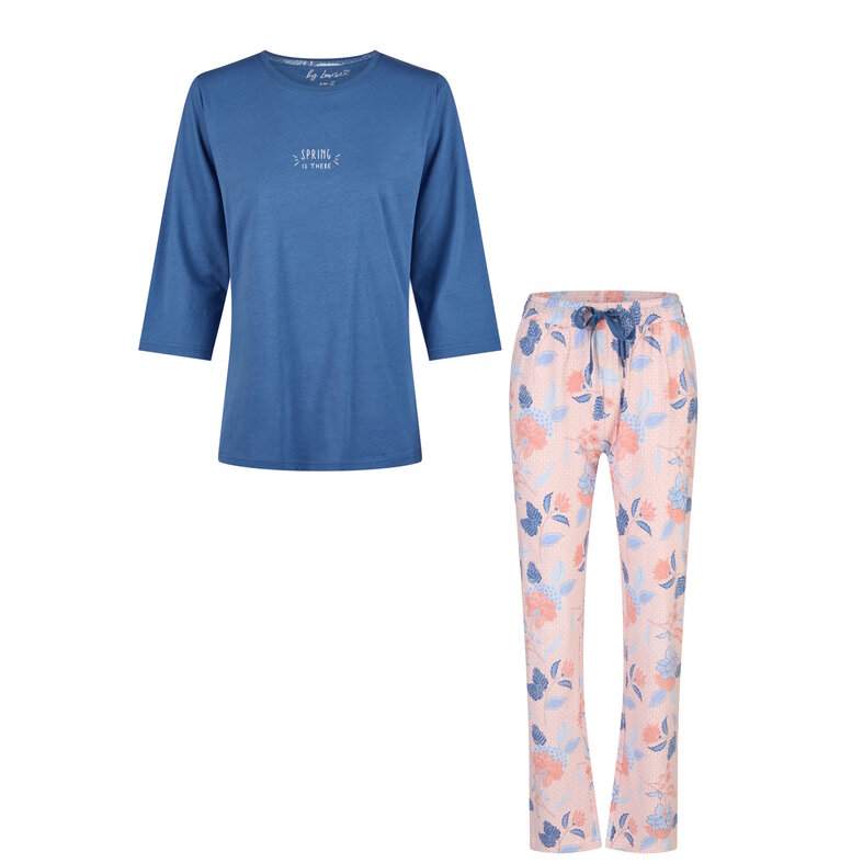 By Louise By Louise Dames Pyjama Set Lang Blauw/Roze Gebloemd