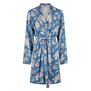 By Louise Dames Kimono Ochtendjas Bamboe Viscose Blauw/Oranje Gebloemd