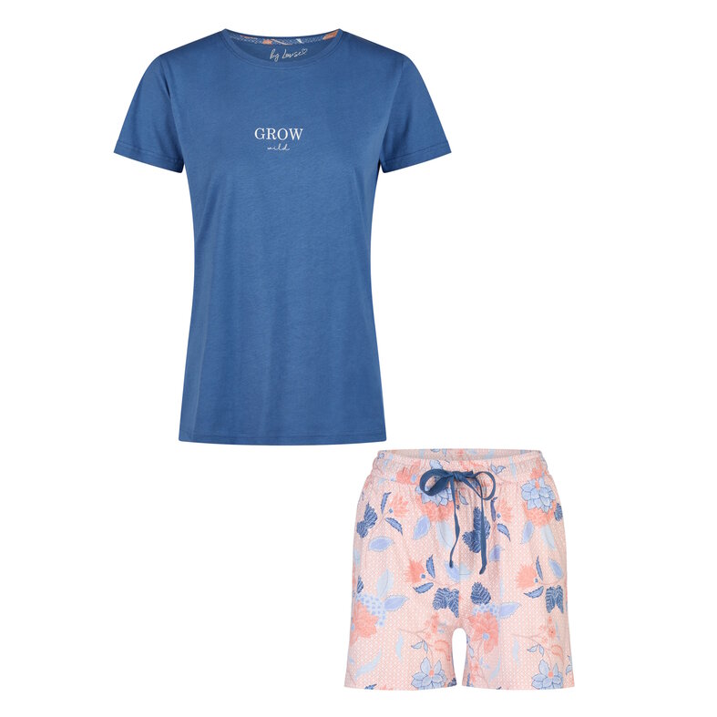 By Louise By Louise Dames Korte Pyjama Set Shortama Blauw/Roze Gebloemd