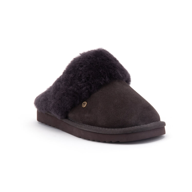 Warmbat Warmbat Dames Instap Pantoffels Suède Flurry Donkerbruin