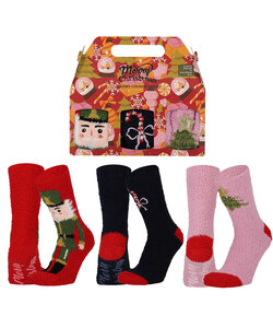 Apollo Dames Sokken Kerst Print Chenille Bedsokken Giftbox 3-Pack