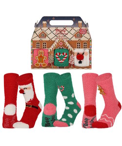 Apollo Dames Sokken Kerst Print Chenille Bedsokken Giftbox 3-Pack