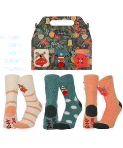 Apollo Dames Sokken Kerst Print Chenille Bedsokken Giftbox 3-Pack