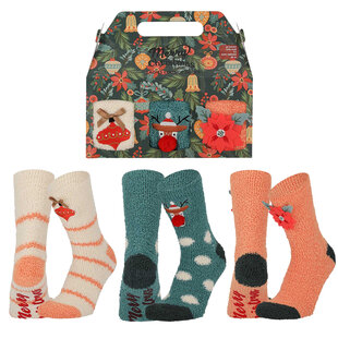 Apollo Dames Sokken Kerst Print Chenille Bedsokken Giftbox 3-Pack