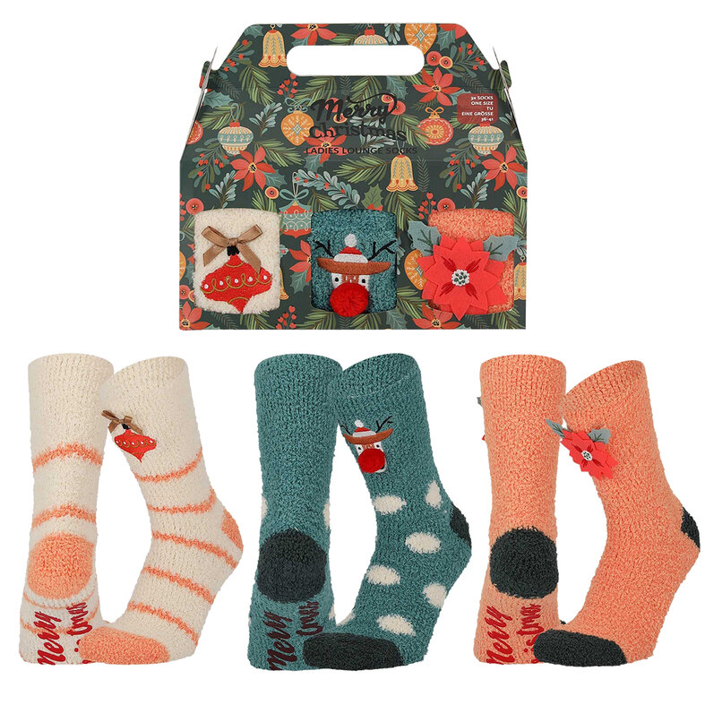 Apollo Apollo Dames Sokken Kerst Print Chenille Bedsokken Giftbox 3-Pack