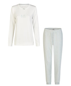 By Louise Dames Pyjama Set Lang Interlock Wit/Groen Gestreept
