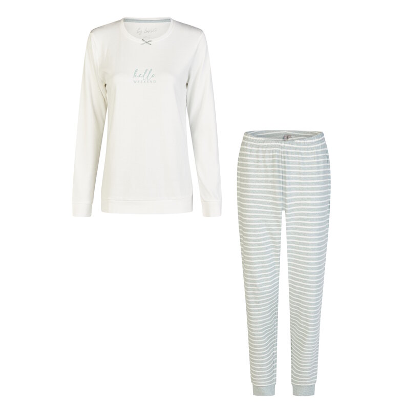 By Louise By Louise Dames Pyjama Set Lang Interlock Wit/Groen Gestreept