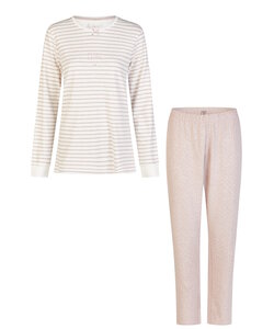 By Louise Dames Pyjama Set Lang Interlock Wit/Roze Gestreept