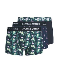 Jack & Jones Heren Boxershorts Trunks Microfiber JACFLAMINGO Flamingo Print 3-Pack Donkerblauw