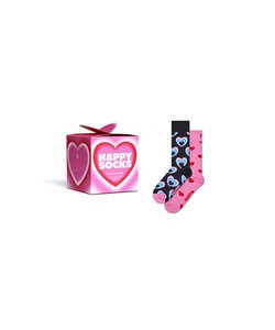 Happy Socks Dames Sokken Hartjes Print Valentijn Giftbox 2-Paar Roze/Zwart/Lichtblauw
