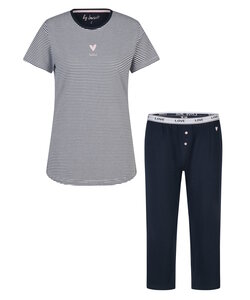 By Louise Ladies Short Sleeve Capri Pyjama Set Long Dark Blue Striped