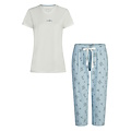 By Louise By Louise Dames Capri Pyjama Driekwart Broek V-hals Wit/Blauw Gebloemd
