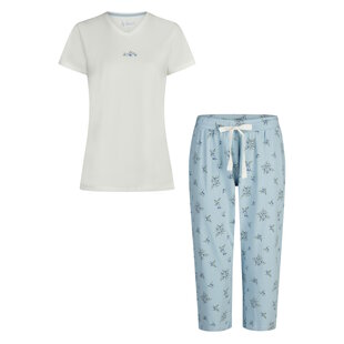 By Louise Ladies Capri Pyjamas Three Quarter Pants V-Neck White/Blue Floral