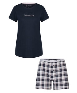 By Louise Dames Korte Pyjama Set Shortama Donkerblauw Effen/Geruit