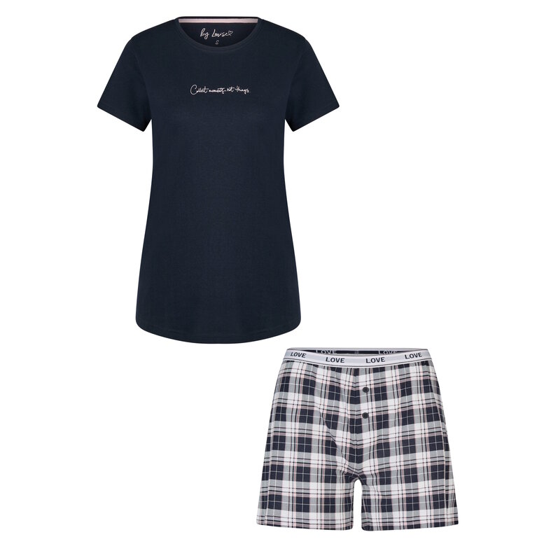 By Louise By Louise Ladies Short Pajama Set Shortama Set Dark Blue Plain/Checked