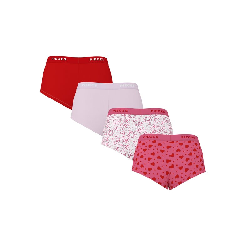 PIECES Pieces Women's Hipster PCLOGO 4-Pack Red/Pink Hearts Print