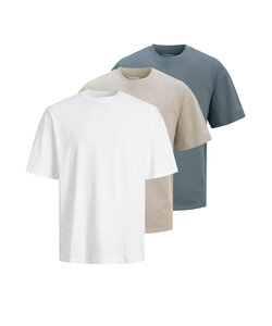 Jack & Jones Men's T-Shirt JJHUGO Round Neck 3-Pack Plain White/Beige/Blue