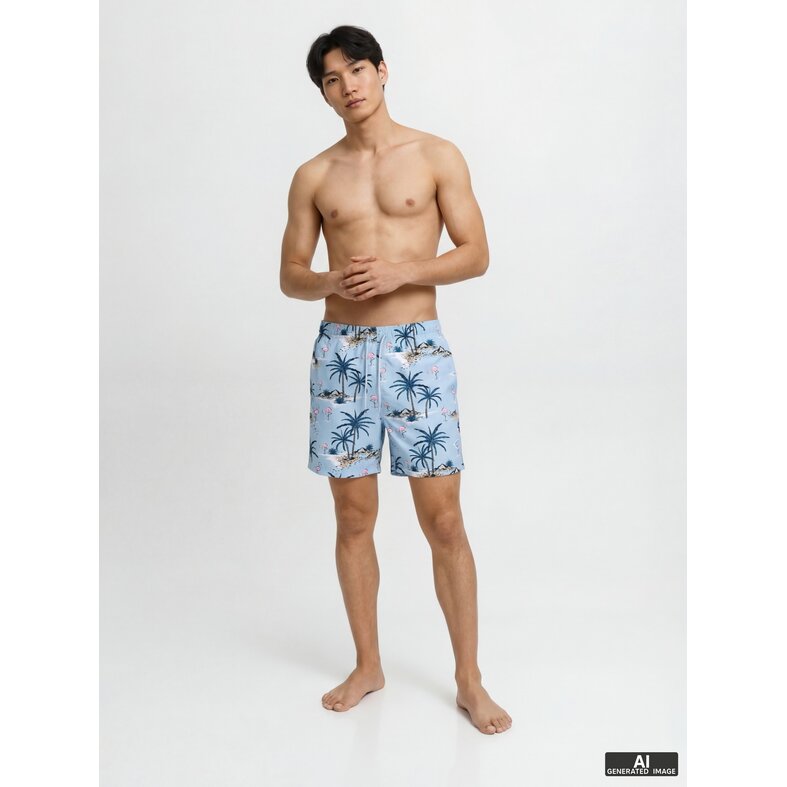 Jack & Jones Jack & Jones Men's Swim Short JPSTMAUI VIBES Light Blue Flamingo/Palm Print