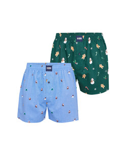 Happy Shorts Heren Wijde Boxershorts Kerst Print 2-Pack Lichtblauw/Groen