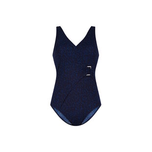 Ten Cate Ladies Swimsuit Soft Cup Buckle V-Neck Dark Blue Animal Print