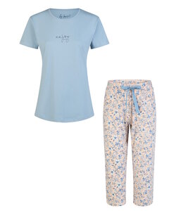 By Louise Ladies Capri Pyjama Set Three Quarter Pants Blue/Soft Orange Floral