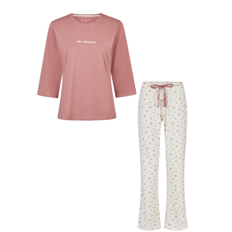 By Louise By Louise Dames Pyjama Set Lang Driekwart Mouw  Oudroze/Wit Gebloemd