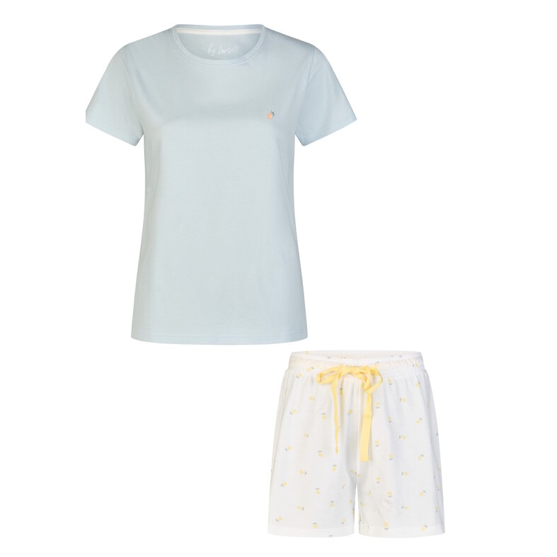 By Louise By Louise Dames Shortama Korte Pyjama Set Geprint Blauw/Wit Gestipt