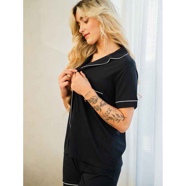 By Louise By Louise Dames Korte Pyjama Set Modal Shortama Met Knoopsluiting Donkerblauw